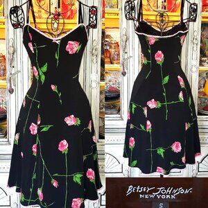 Vintage Betsey Johnson New York 90s Black Pink Rose Floral Milkmaid Slip Dress S